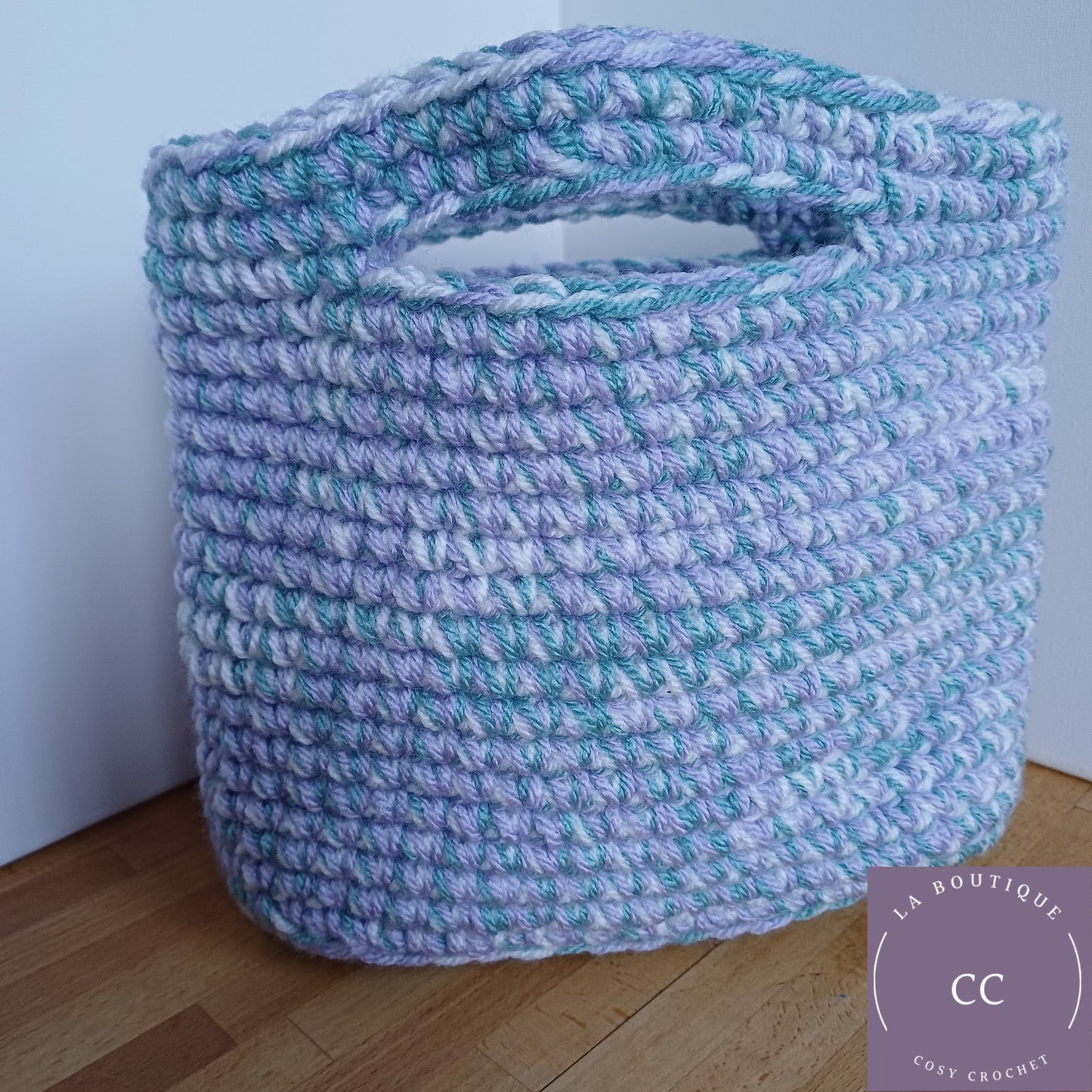 Panier sac déco cœurs mauve, vert et blanc