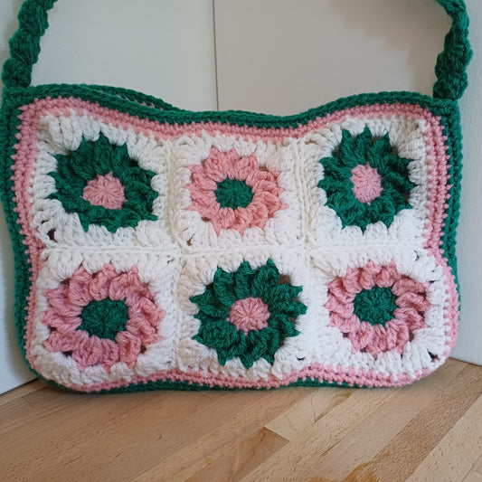 Grand sac bandoulière vert foncé et rose
